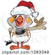 Clipart Of A Friendly Waving Zebra Finch Wearing A Christmas Santa Hat Royalty Free Vector Illustration