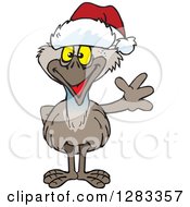Clipart Of A Friendly Waving Emu Wearing A Christmas Santa Hat Royalty Free Vector Illustration