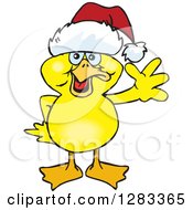 Poster, Art Print Of Friendly Waving Yellow Duck Wearing A Christmas Santa Hat