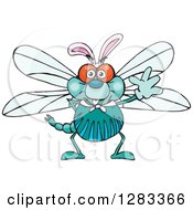 Poster, Art Print Of Friendly Waving Dragonfly Wearing Easter Bunny Ears