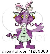 Poster, Art Print Of Friendly Waving Purple Dragon Wearing Easter Bunny Ears