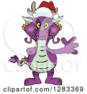 Poster, Art Print Of Friendly Waving Purple Dragon Wearing A Christmas Santa Hat