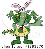 Clipart Of A Friendly Waving Green Dragon Wearing Easter Bunny Ears Royalty Free Vector Illustration