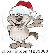 Poster, Art Print Of Friendly Waving Two Toned Brown Dog Wearing A Christmas Santa Hat