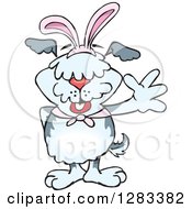 Clipart Of A Friendly Waving Old English Sheepdog Wearing Easter Bunny Ears Royalty Free Vector Illustration