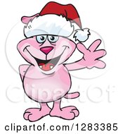 Poster, Art Print Of Friendly Waving Pink Dog Wearing A Christmas Santa Hat