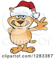 Friendly Waving Sparkey Dog Wearing A Christmas Santa Hat by Dennis Holmes Designs