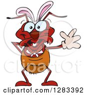 Clipart Of A Friendly Waving Ant Wearing Easter Bunny Ears Royalty Free Vector Illustration