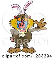 Poster, Art Print Of Friendly Waving Baboon Monkey Wearing Easter Bunny Ears