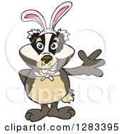 Clipart Of A Friendly Waving Badger Wearing Easter Bunny Ears Royalty Free Vector Illustration