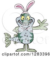 Clipart Of A Friendly Waving Barracuda Fish Wearing Easter Bunny Ears Royalty Free Vector Illustration