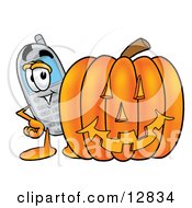 Wireless Cellular Telephone Mascot Cartoon Character With A Carved Halloween Pumpkin by Mascot Junction
