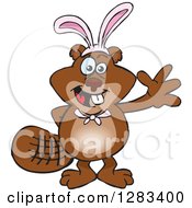 Clipart Of A Friendly Waving Beaver Wearing Easter Bunny Ears Royalty Free Vector Illustration