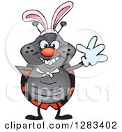 Clipart Of A Friendly Waving Ladybug Wearing Easter Bunny Ears Royalty Free Vector Illustration