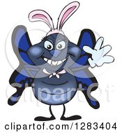 Friendly Waving Blue Butterfly Wearing Easter Bunny Ears
