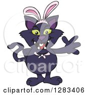 Clipart Of A Friendly Waving Black Cat Wearing Easter Bunny Ears Royalty Free Vector Illustration