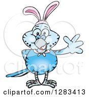 Clipart Of A Friendly Waving Blue Budgie Parakeet Bird Wearing Easter Bunny Ears Royalty Free Vector Illustration