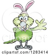 Poster, Art Print Of Friendly Waving Green Budgie Parakeet Bird Wearing Easter Bunny Ears