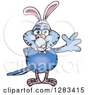 Poster, Art Print Of Friendly Waving Dark Blue Budgie Parakeet Bird Wearing Easter Bunny Ears