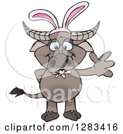 Clipart Of A Friendly Waving Buffalo Wearing Easter Bunny Ears Royalty Free Vector Illustration by Dennis Holmes Designs