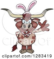 Poster, Art Print Of Friendly Waving Longhorn Bull Wearing Easter Bunny Ears