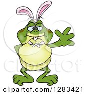 Poster, Art Print Of Friendly Waving Bullfrog Wearing Easter Bunny Ears