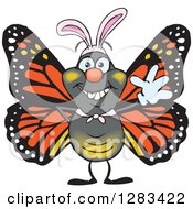 Clipart Of A Friendly Waving Monarch Butterfly Wearing Easter Bunny Ears Royalty Free Vector Illustration