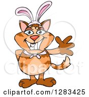 Clipart Of A Friendly Waving Ginger Cat Wearing Easter Bunny Ears Royalty Free Vector Illustration