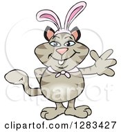 Clipart Of A Friendly Waving Tabby Cat Wearing Easter Bunny Ears Royalty Free Vector Illustration