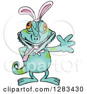 Clipart Of A Friendly Waving Chameleon Lizard Wearing Easter Bunny Ears Royalty Free Vector Illustration
