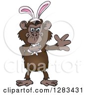 Clipart Of A Friendly Waving Chimpanzee Monkey Wearing Easter Bunny Ears Royalty Free Vector Illustration