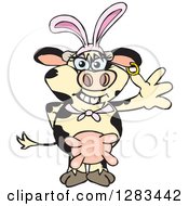 Poster, Art Print Of Friendly Waving Holstein Dairy Cow Wearing Easter Bunny Ears