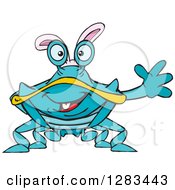 Poster, Art Print Of Friendly Waving Blue Crab Wearing Easter Bunny Ears