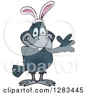 Clipart Of A Friendly Waving Raven Crow Bird Wearing Easter Bunny Ears Royalty Free Vector Illustration