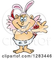 Clipart Of A Friendly Waving Cupid Wearing Easter Bunny Ears Royalty Free Vector Illustration