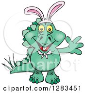 Clipart Of A Friendly Waving Green Stegosaur Dinosaur Wearing Easter Bunny Ears Royalty Free Vector Illustration by Dennis Holmes Designs