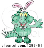 Friendly Waving Green Stegosaur Dinosaur Wearing Easter Bunny Ears