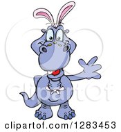 Poster, Art Print Of Friendly Waving Purple Apatosaurus Dinosaur Wearing Easter Bunny Ears
