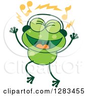 Poster, Art Print Of Green Frog Singing And Wearing Music Headphones