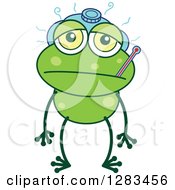 Poster, Art Print Of Sick Green Frog With An Ice Pack And Thermometer