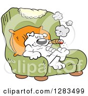 Clipart Of A Happy White Boss Dog Smoking A Cigar In A Green Arm Chair Royalty Free Vector Illustration