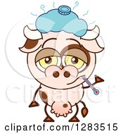 Poster, Art Print Of Sick Cartoon Cow With An Ice Pack And Thermometer