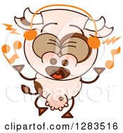 Poster, Art Print Of Cartoon Cow Singing And Wearing Music Headphones