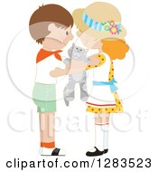 Poster, Art Print Of Brunette Caucasian Boy And Red Haired Girl Hugging Around A Tabby Kitten
