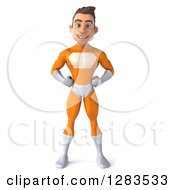 Clipart Of A 3d Young Brunette White Male Super Hero In An Orange Suit With Hands On His Hips Royalty Free Vector Illustration by Julos