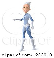 Clipart Of A 3d White Haired Caucasian Female Super Hero In A Blue Suit Walking And Pointing To The Left Royalty Free Vector Illustration by Julos