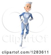 Clipart Of A 3d White Haired Caucasian Female Super Hero In A Blue Suit Running Forward Royalty Free Vector Illustration by Julos