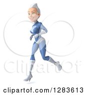 Clipart Of A 3d White Haired Caucasian Female Super Hero In A Blue Suit Running To The Left Royalty Free Vector Illustration by Julos