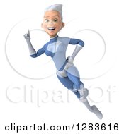 Clipart Of A 3d White Haired Caucasian Female Super Hero In A Blue Suit Flying And Holding Up A Finger Royalty Free Vector Illustration by Julos