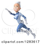 Clipart Of A 3d White Haired Caucasian Female Super Hero In A Blue Suit Flying Up To The Left And Smiling Royalty Free Vector Illustration by Julos